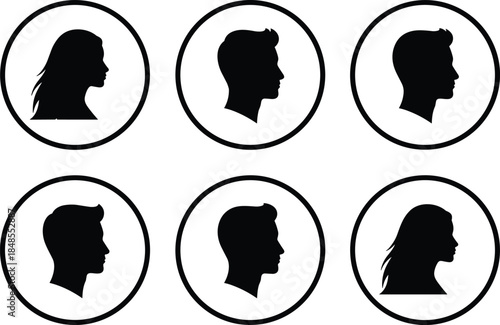 Profile silhouettes of diverse men and women heads in circles, depicting user avatars, social media icons, or gender and identity representation for web design