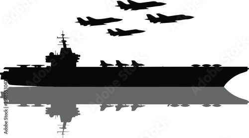 carrier naval aviation scene with jets on deck and in sky