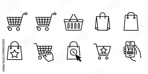 Shopping cart and bag icons for e-commerce and retail trolley basket