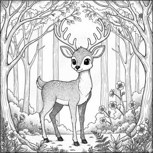 An illustration of a cartoon fawn standing calmly in a forest, a detailed silhouette against a backdrop of trees and a natural atmosphere. Deer in the forest, wild animal, forest fauna, landscape