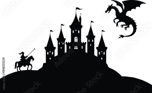 castle knight horse and dragon silhouette on hill