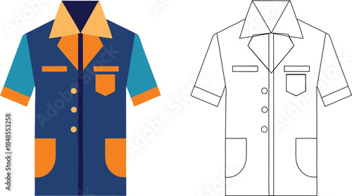 Short-Sleeve Work Shirt Illustration – Uniform Design (Color & Outline)