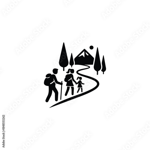 Family hiking trip through scenic mountains and forest trail