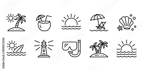 Summer and Beach Icons with Palm Trees and Lighthouse Keywords: summer, beach, vacation, travel