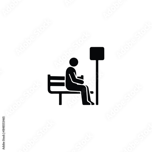 Stylized vector icon representing a passenger waiting at a public transport stop or station, ideal for urban navigation and travel concepts