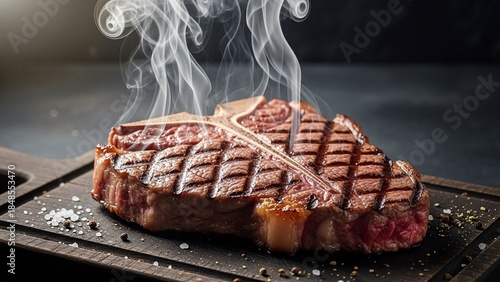 Close up t bone steak sizzles with grilled marks, smoke rising, served on wooden board, sprinkled with salt and pepper, capturing the essence of premium culinary delight