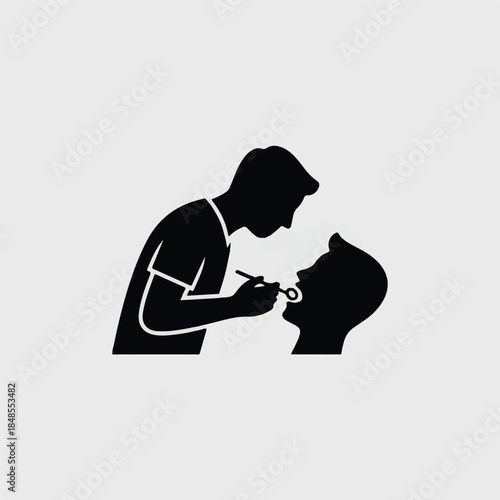 Dentist examining patient's teeth with dental tool icon