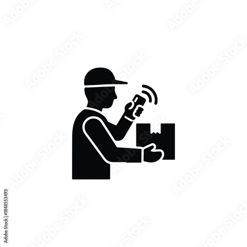 Delivery worker scanning package with handheld device, logistics and shipping icon