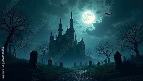 Mysterious gothic castle under full moon in eerie cemetery with bats and bare trees, perfect for Halloween horror and fantasy art.