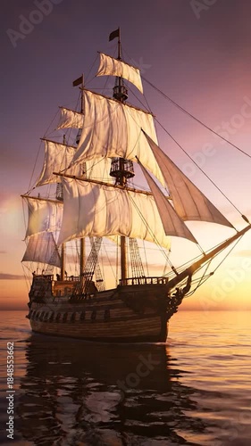 A majestic tall ship with billowing white sails glides on a tranquil sea at dusk