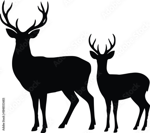 deer silhouette forest scene vector of stag and young