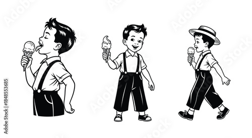 Vintage illustration of three boys enjoying ice cream on a warm day