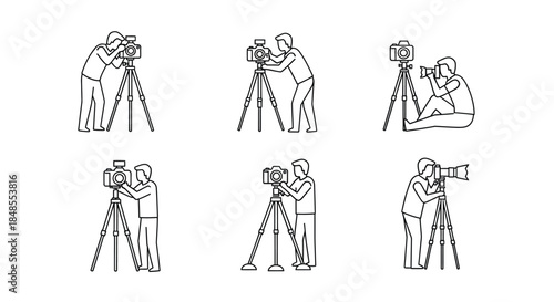 Line art illustrations depicting surveyors using theodolites and tripods