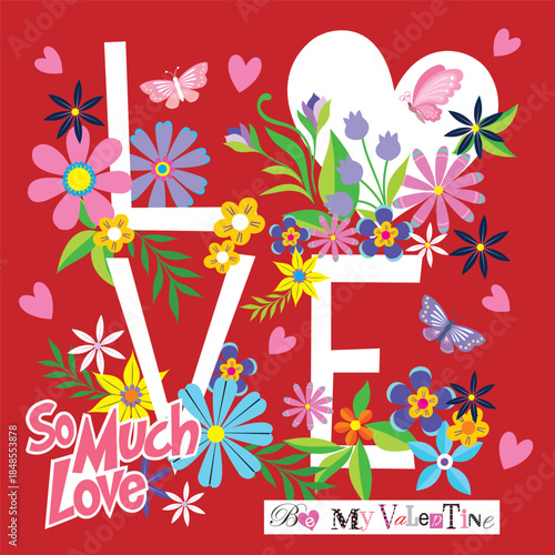 Happy valentine's day with lettering, heart and flowers