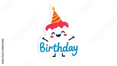Cute cupcake character with party hat and happy birthday text sticker