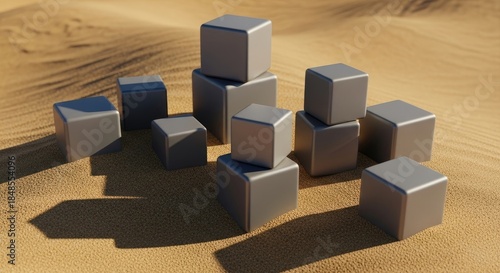 Fototapeta Naklejka Na Ścianę i Meble -  metal cubes on sand dune in desert landscape