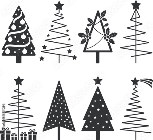 Black and white Christmas trees with various decorations and patterns