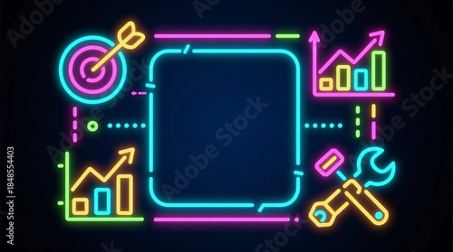 Effective management and marketing strategies for achieving targets and boosting performance, visualized with dynamic neon charts, graphs, and data analysis in a modern digital frame template.