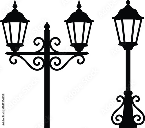 Vintage street lamp silhouettes, classic double and single lantern streetlight vector illustration, retro outdoor lighting isolated white background design elements
