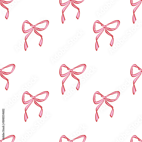 Cute seamless pattern with pink hand drawn bows. Vector background with ribbons . Delicate, feminine, and whimsical design perfect for stationery, packaging, fabrics, wallpapers, and digital projects.