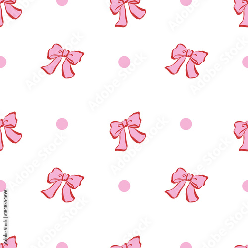 Cute seamless pattern with pink hand drawn bows. Vector background with ribbons . Delicate, feminine, and whimsical design perfect for stationery, packaging, fabrics, wallpapers, and digital projects.