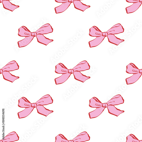 Cute seamless pattern with pink hand drawn bows. Vector background with ribbons . Delicate, feminine, and whimsical design perfect for stationery, packaging, fabrics, wallpapers, and digital projects.