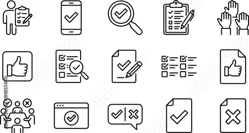Assessment icons, feedback evaluation symbols, decision-making vector, quality control illustration, black line design, cad drawing flat vector illustration