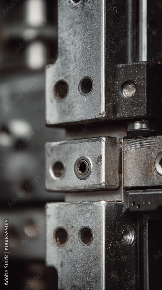 Obraz premium Close view of metal machinery parts showing detail in design and construction at a factory during daytime work hours in a manufacturing setting