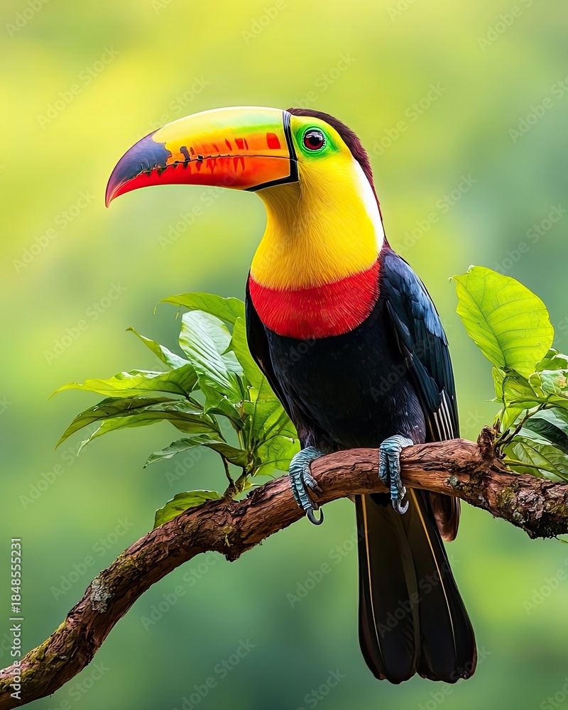 Obraz premium Radiant Toucan Perched on Branch Amid Tropical Foliage with Lush Green Background
