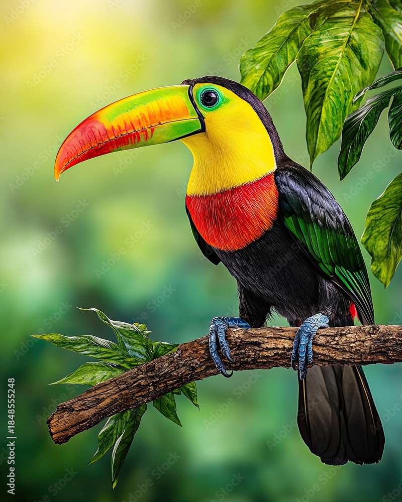 Obraz premium Vibrant Tropical Toucan Perched on Radiant Branch Amid Lush Greenery in Nature Background