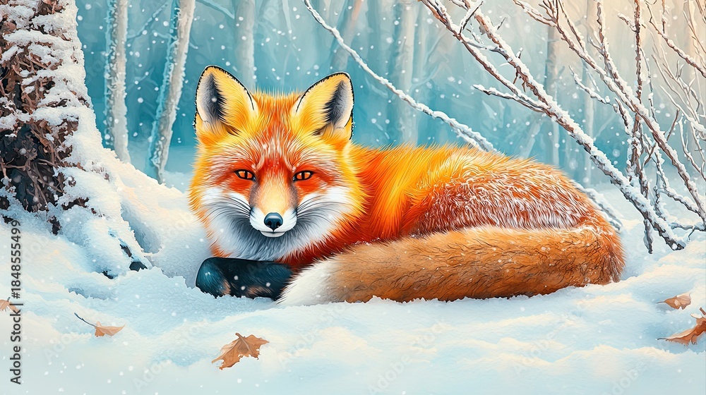 Obraz premium Red Fox Curled Up in Snowy Forest Surrounded by Trees and Soft Snowflakes