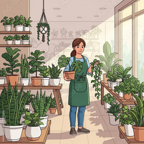 Woman gardener tending houseplants in a bright nursery surrounded by lush greenery and shelves for botanical or home decor concepts