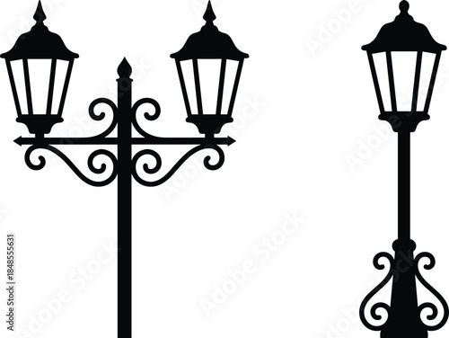 Vintage street lamp silhouettes, classic double and single lantern streetlight vector set, retro outdoor lighting elements isolated white