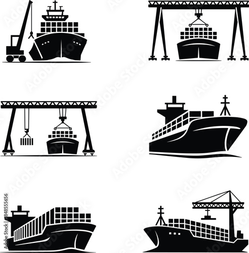 Black and white container ship loading and unloading