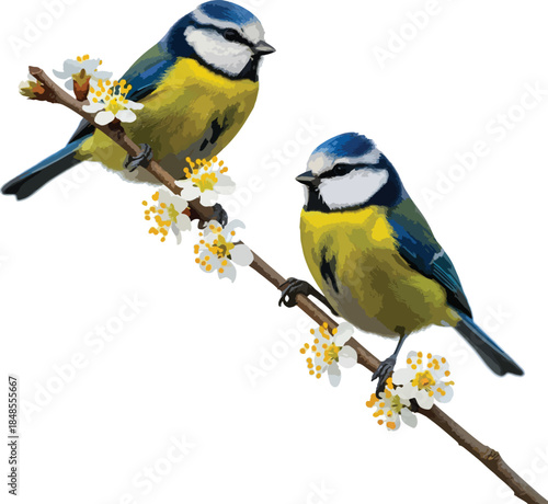 A pair of charming blue tits with bright yellow bellies sit on a flowering branch against a soft sky background. , Generative Ai