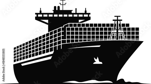 Black and white container ship with bird silhouette