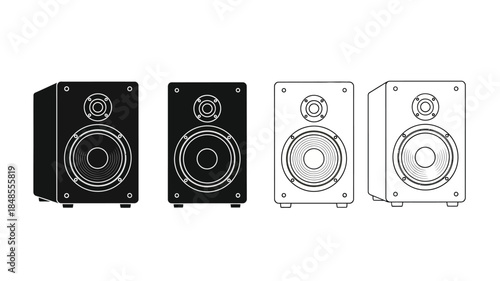 Four speaker variations black and white outlines studio monitors audio equipment