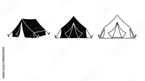 Three black silhouette tents displayed in a row on a white background