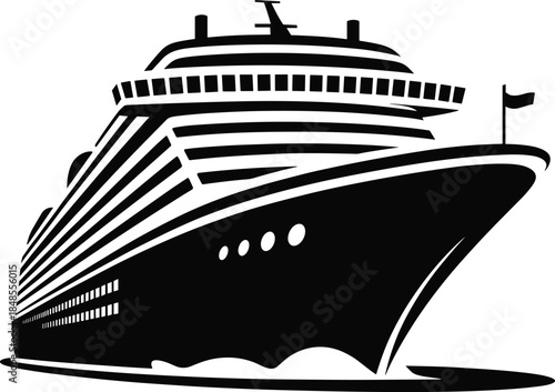Black and white cruise ship with multiple decks and windows
