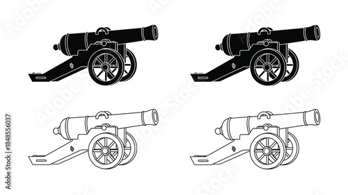 Black and white illustrations depicting antique cannons in various perspectives