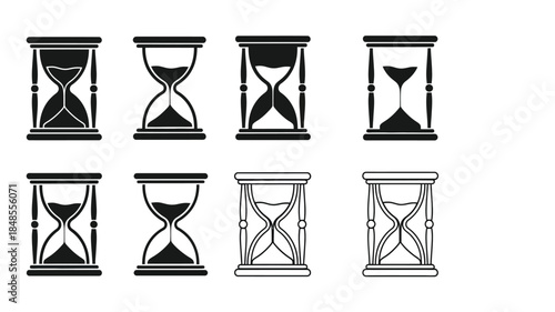 A collection of hourglasses showing varying levels of sand and design