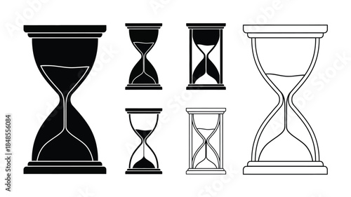 A collection of hourglasses in varying sizes and styles black and white