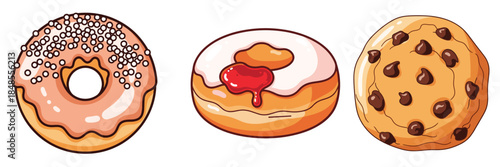 Flat vector illustration of assorted sweet pastries and cookie