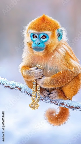 Golden Snub Nosed Monkey Perched on Frosted Branch Holding Jewelry in Winter Setting