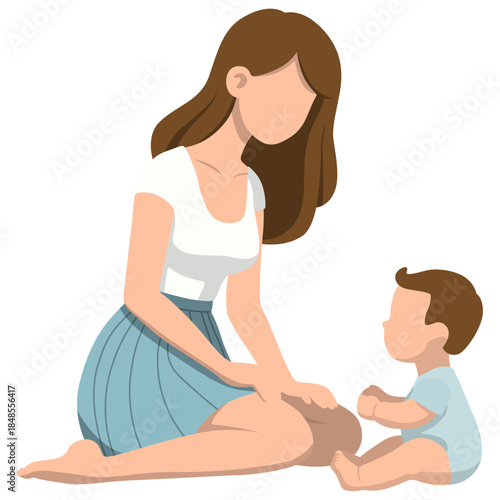 Mother Takes Care of Toddler and Play with Toys Illustration.