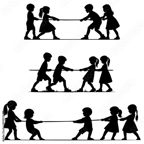 Kids Play Tug-of-War Silhouette.