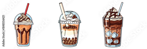 Flat vector illustration of three cold chocolate drinks