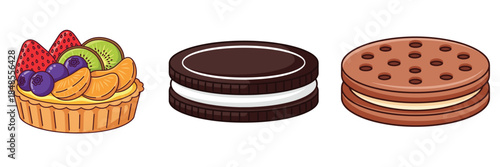 flat vector illustration of assorted sweet cookies and fruit tart