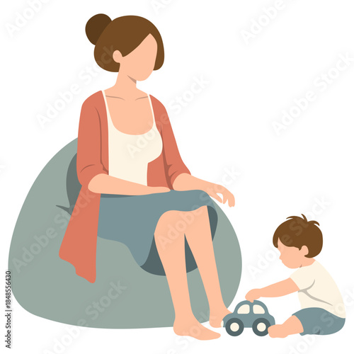 Mother Takes Care of Toddler and Play with Toys Illustration.
