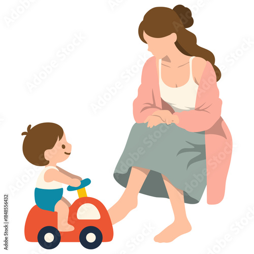 Mother Takes Care of Toddler and Play with Toys Illustration.